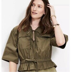 LOFT Safari Green Peplum Cinch Bow Top Sz MP Petite Pocket Crisp Cotton